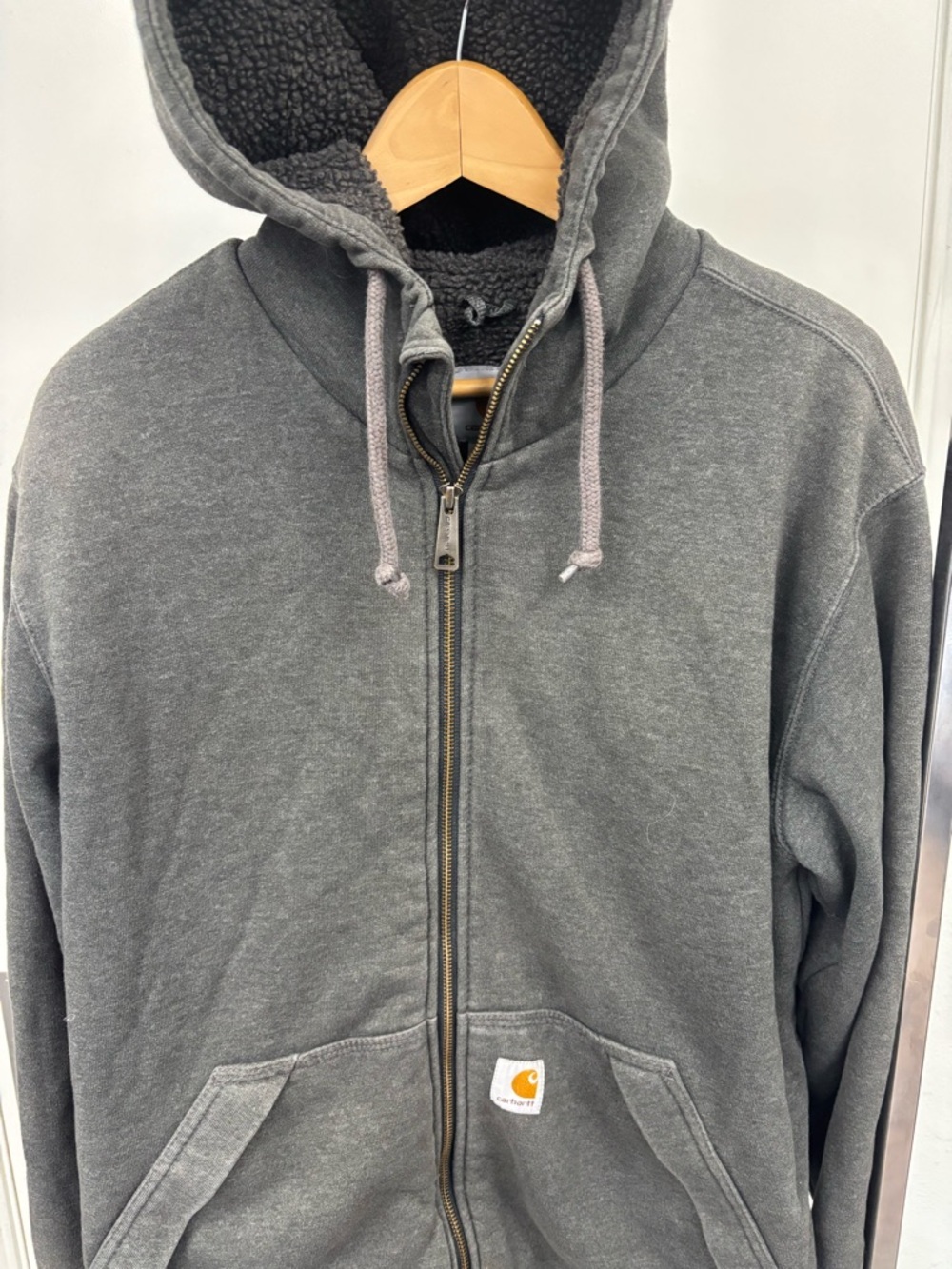 Carhartt Gray Sherpa-Lined Zip Hoodie with Gold Logo